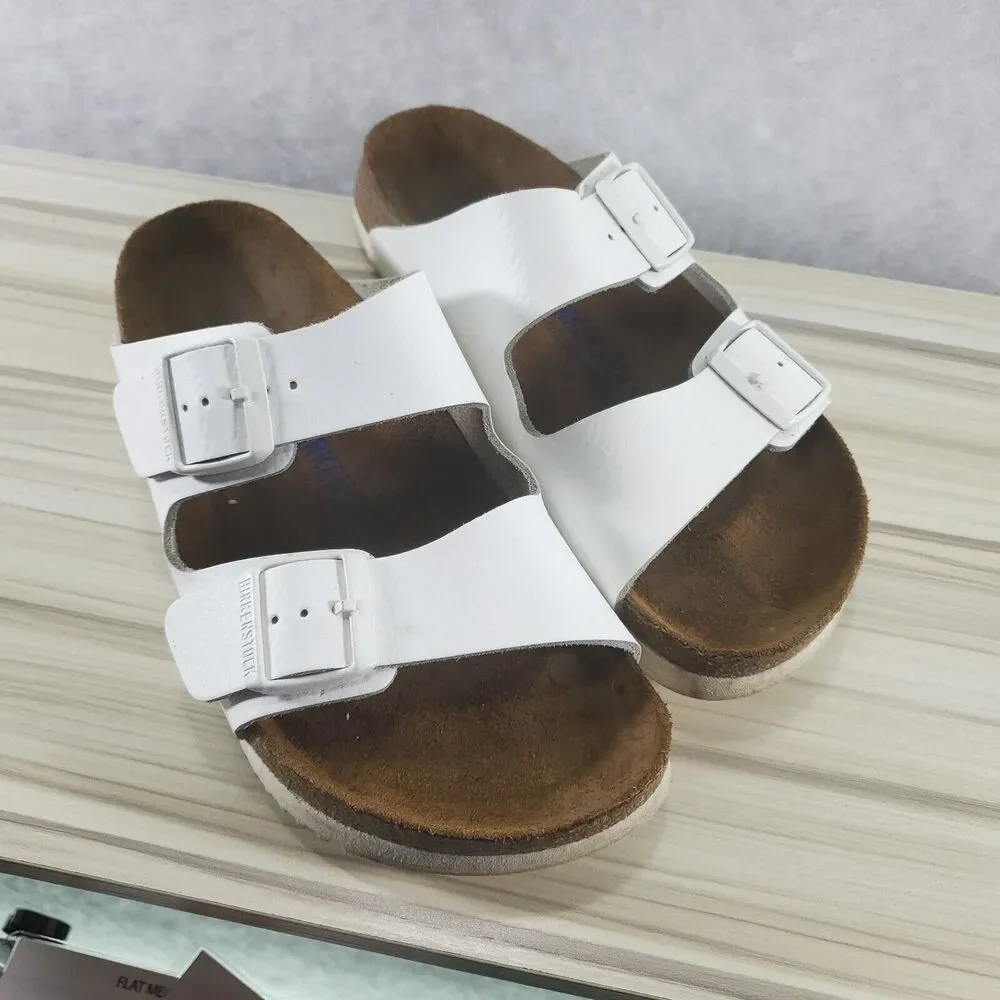 Sz 10 N Narrow Women's Birkenstock White Leather Arizona Sandals White Buckle